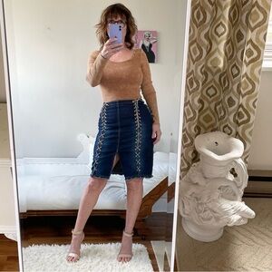 BLUE DENIM COTTON BLEND SKIRT LACED FRONT ADJUSTABLE RAW SEAMS DENIM SLIT